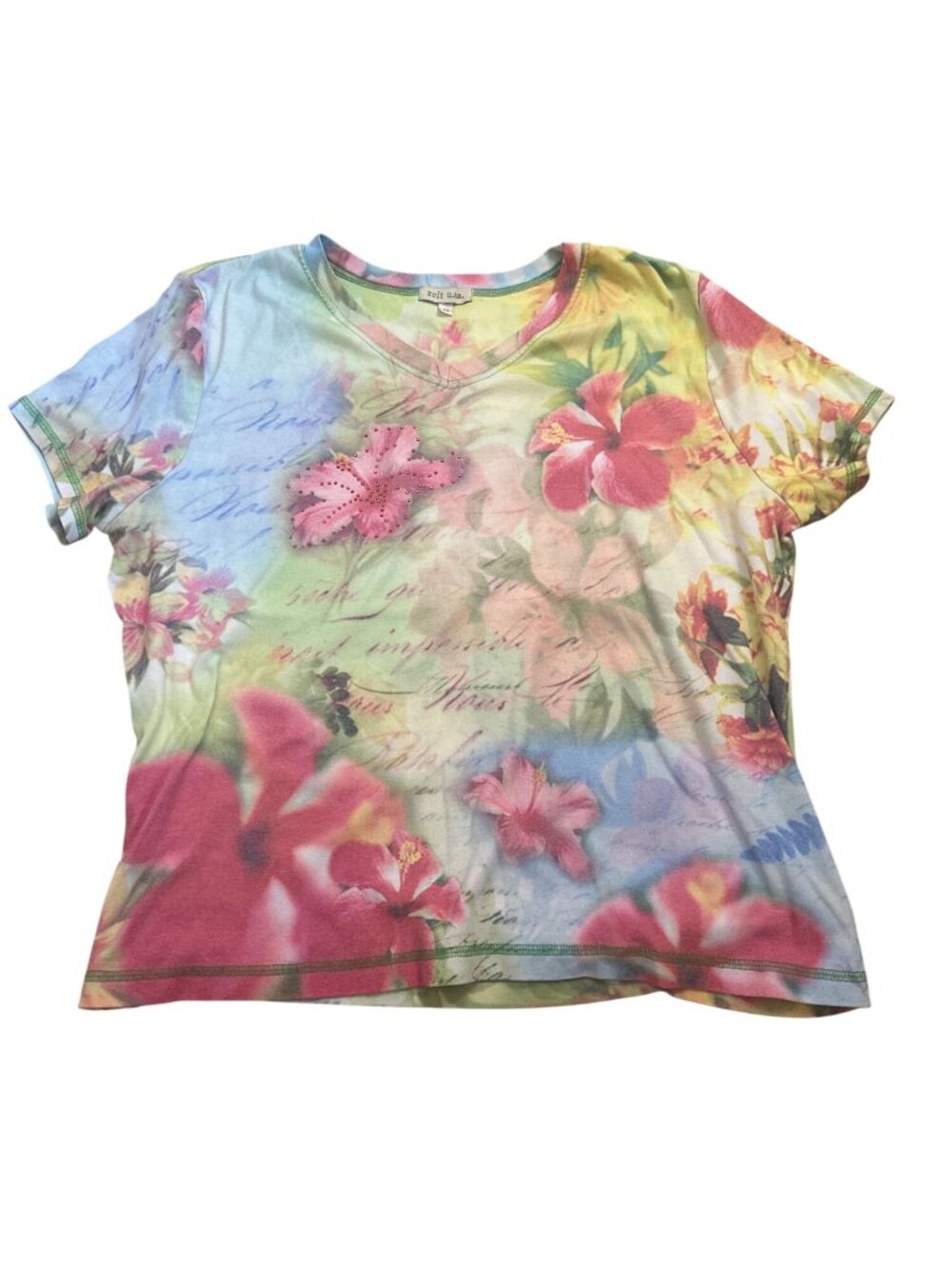 Xcit USA Womens Floral Graphic Tee Top 2X Cotton Blend Multicolor Rhinestone